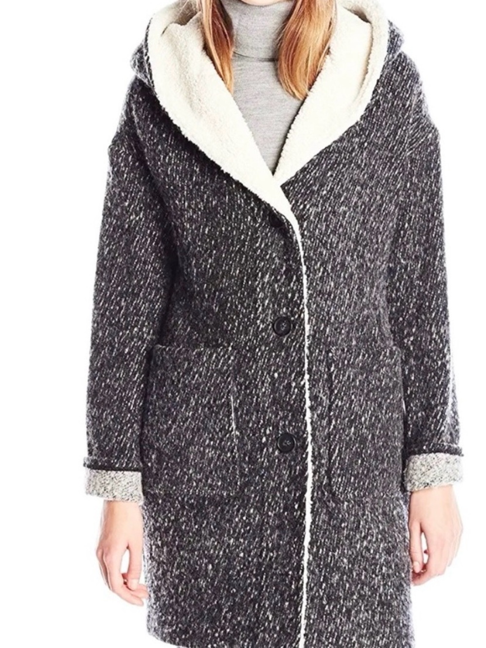 Lucky Brand l Hooded Sweater Coat with Cream Sherpa Trim Warm and Cozy - Small